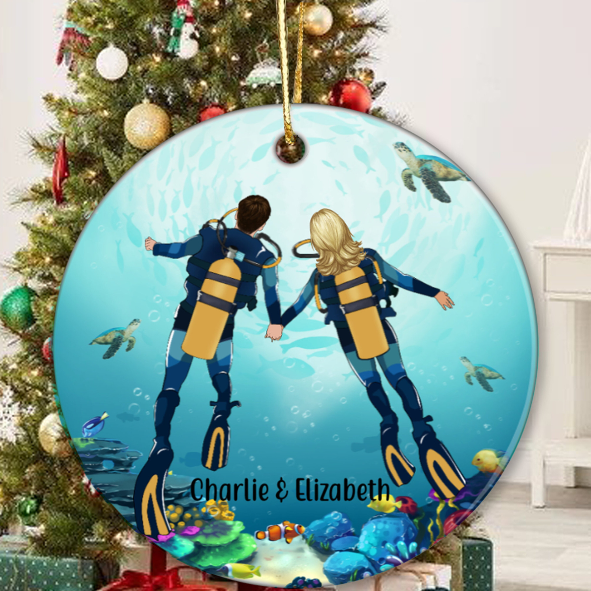 Scuba Diving Personalized Couples Ornament, Ornament for Lovers, Engagement Keepsake, Christmas Engaged, Scuba Couples Xmas Gift