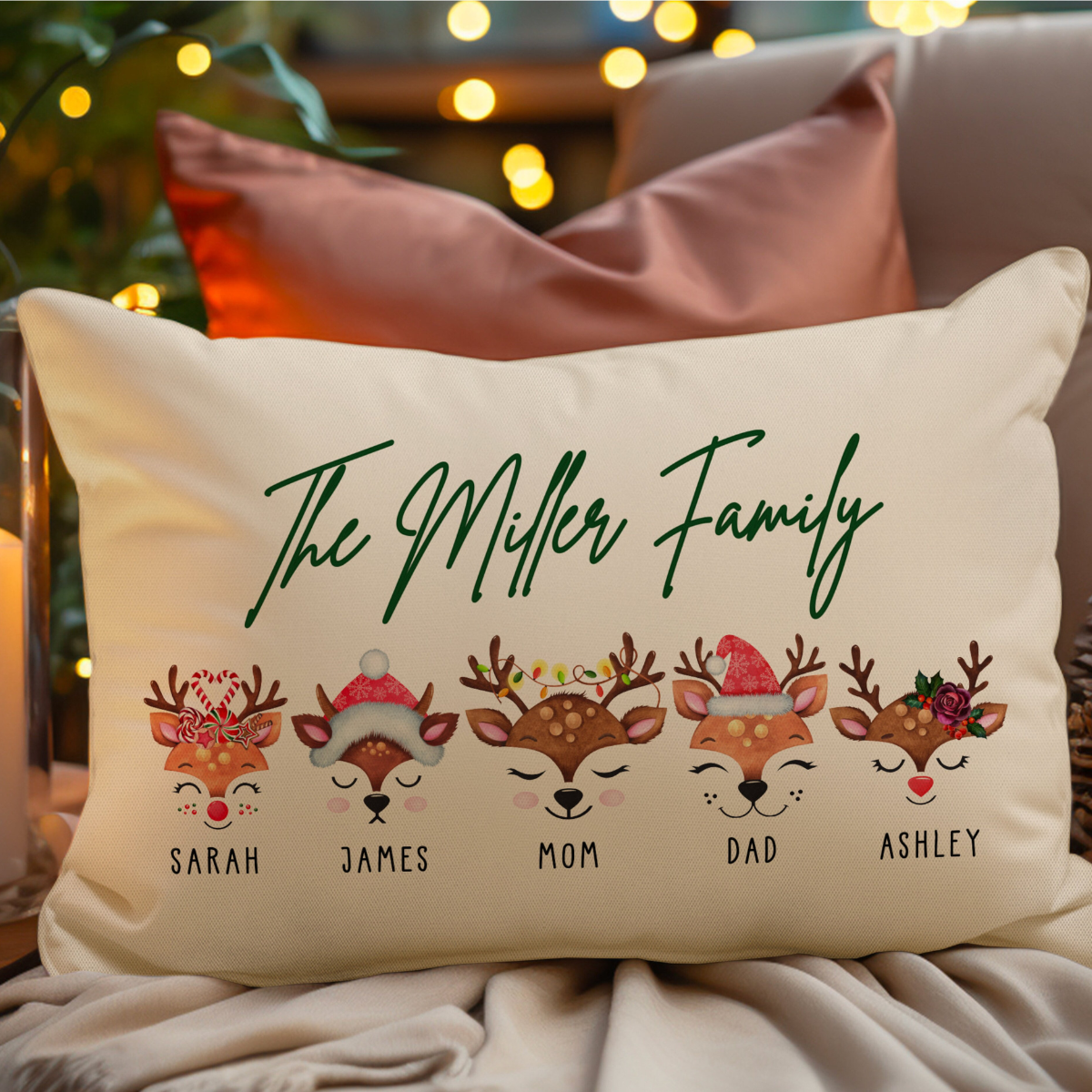 Reindeer Family Merry Christmas - Personalized Pillow - Christmas Gift For Family