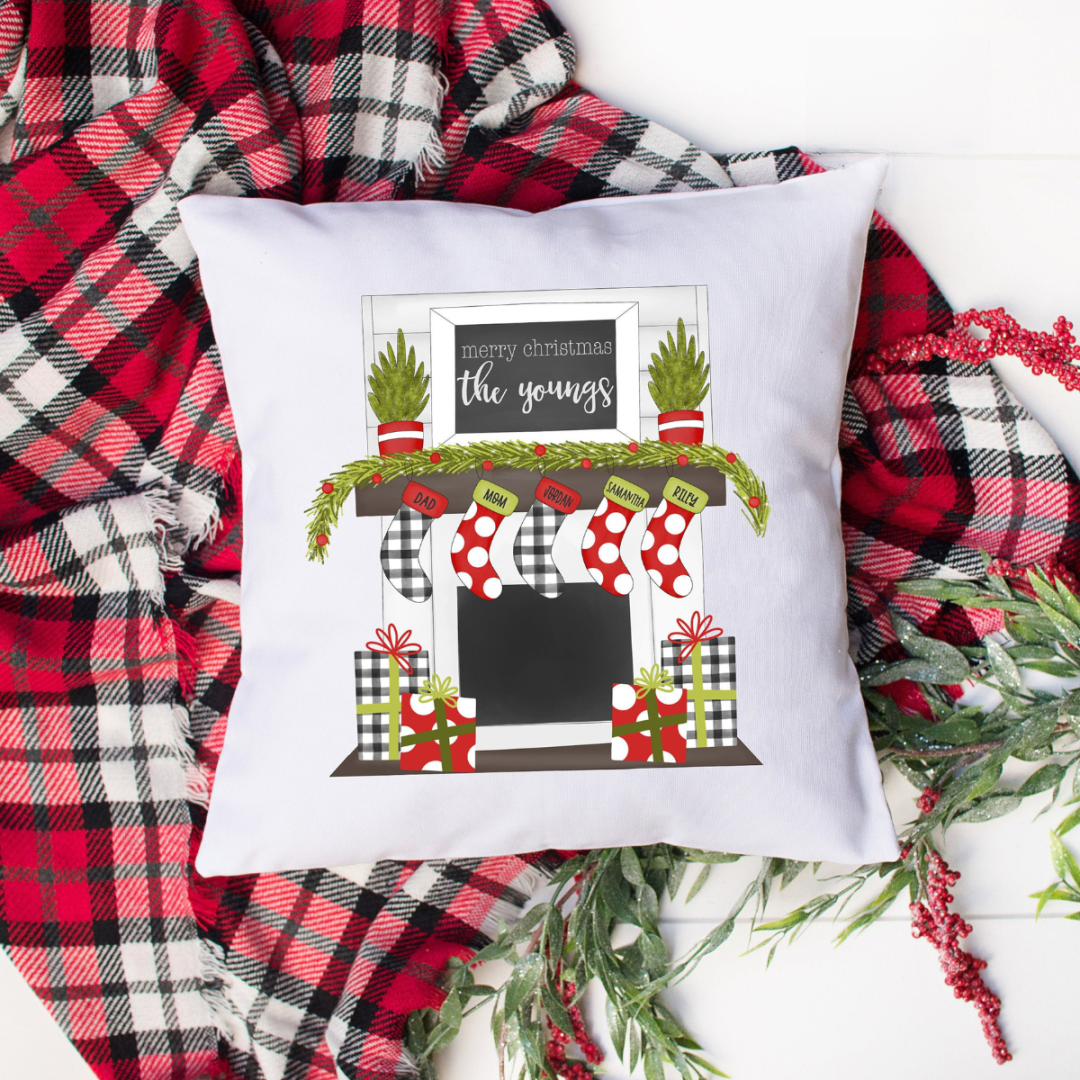 Family Christmas Stockings On Fireplace - Personalized Pillow - Christmas Gift For Family