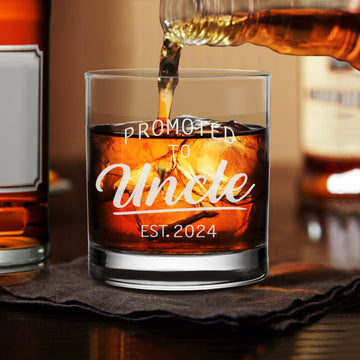 Promoted to Uncle - Personalized Wine Glass - Whiskey Glass Gift For Uncle