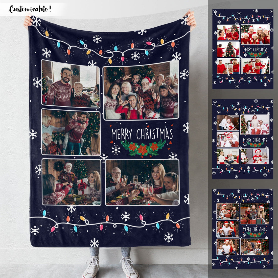 Merry Christmas Collage Photo Fairy Light Bulb Snowflake Upload Photo Family Personalized Blanket