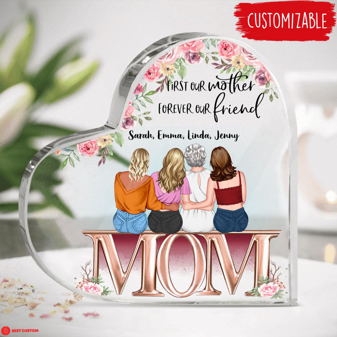 Mother & Daughters Best Friends Forever Personalized Heart Shaped Acrylic Plaque Gift For Mom