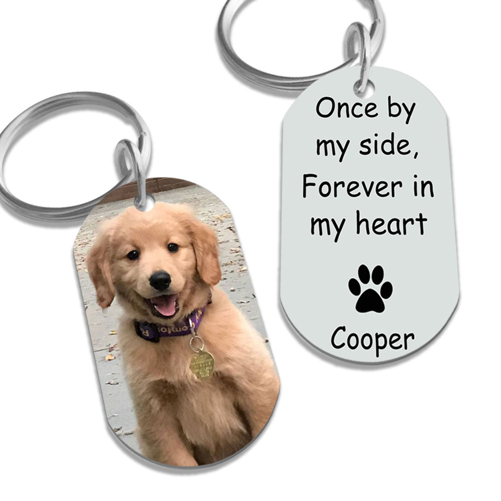 Once By My Side Forever In My Heart - Personalized Photo Stainless Steel Keychain - Memorial Dog