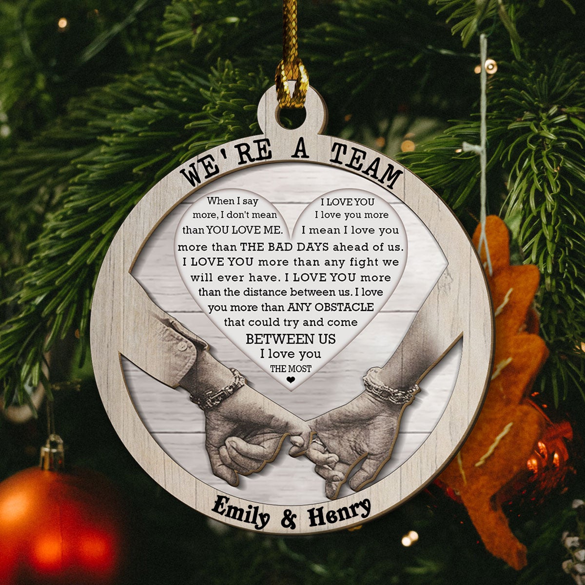 We're A Team Hand In Hand - Personalized Photo Layered Wooden Ornament - Gift For Couple