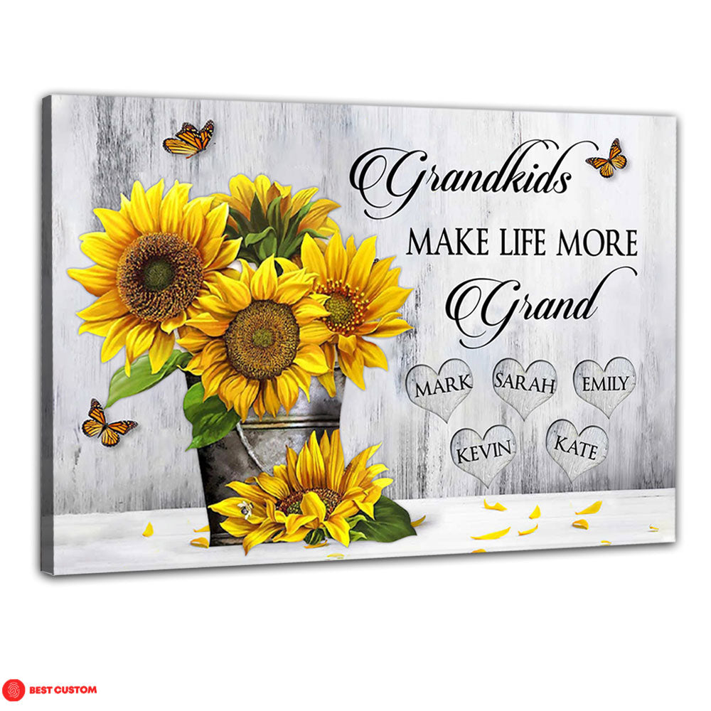 Grandkids Make Life More Grand, Sunflower - Personalized Canvas - Gift For Grandma