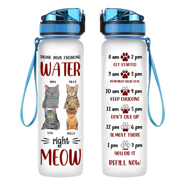 Drink Your Water Right Meow Personalized Water Tracker Bottle Cat Mom