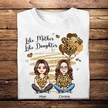 Leopard Hearts Mom And Daughters Sitting - Personalized Apprael - Mother's Day, Gift For Mother