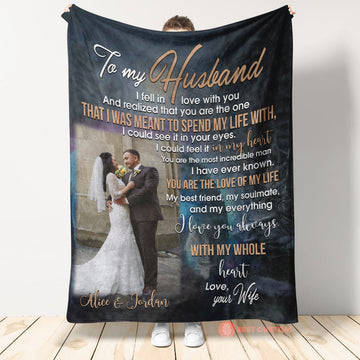 Wife To Husband With My Whole Heart Wolf Upload Photo Blanket - Gift For Husband