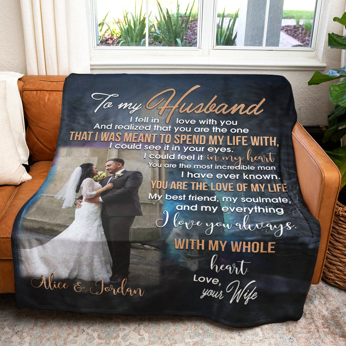 Wife To Husband With My Whole Heart Wolf Upload Photo Blanket - Gift For Husband