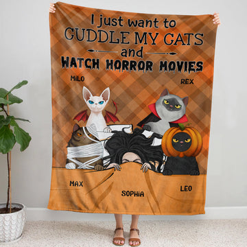 I Just Want To Cuddle My Cats And Watch Horror Movies Personalized Blanket Gift For Cat Lovers