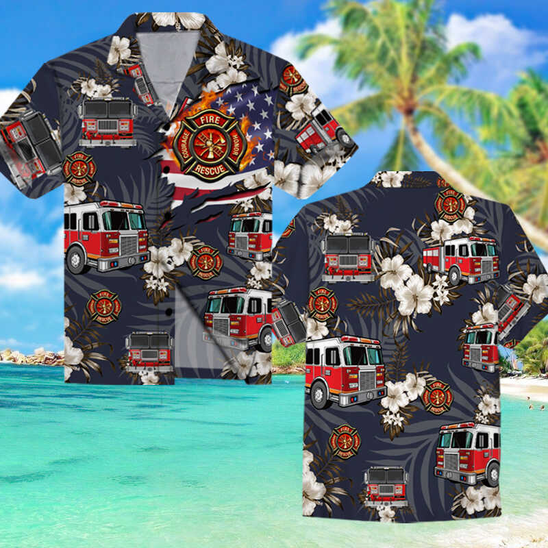 Fire Trucks And Flower All Over Print Hawaiian Shirt Gift For Firefighter