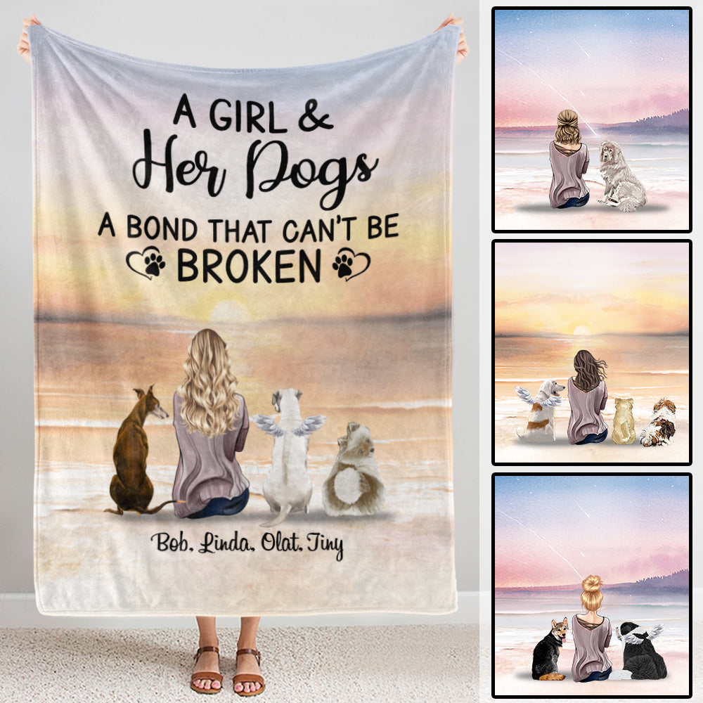 Angel Dog A Girl And Her Dogs A Bond Can't Be Broken Dog Mom Personalized Blanket - Gift For Dog Lovers