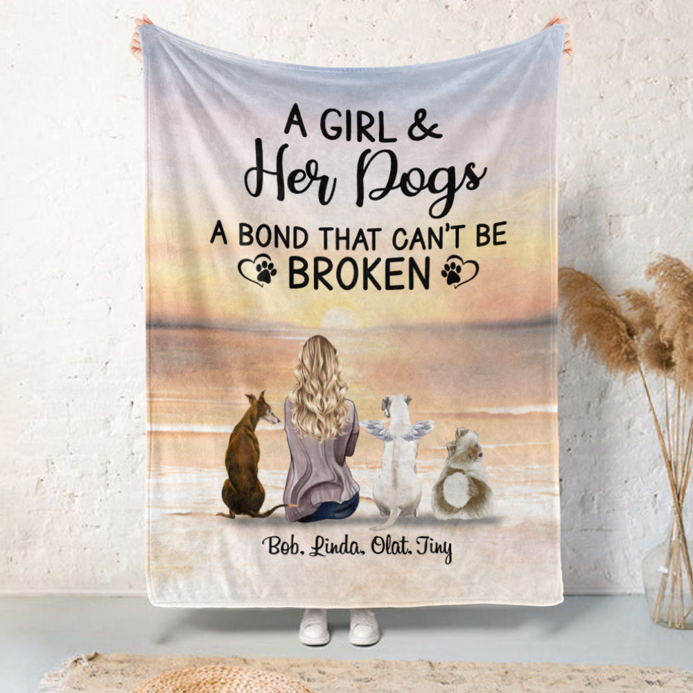 Angel Dog A Girl And Her Dogs A Bond Can't Be Broken Dog Mom Personalized Blanket - Gift For Dog Lovers