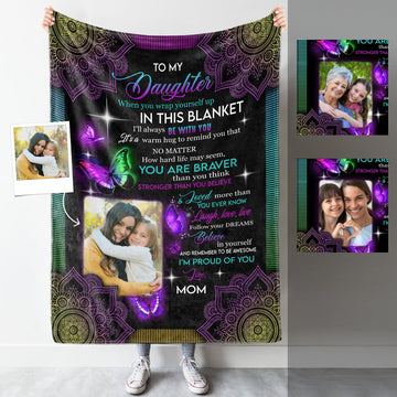 Upload Photo, To My Daughter Purple Butterfly Mandala Personalized Blanket