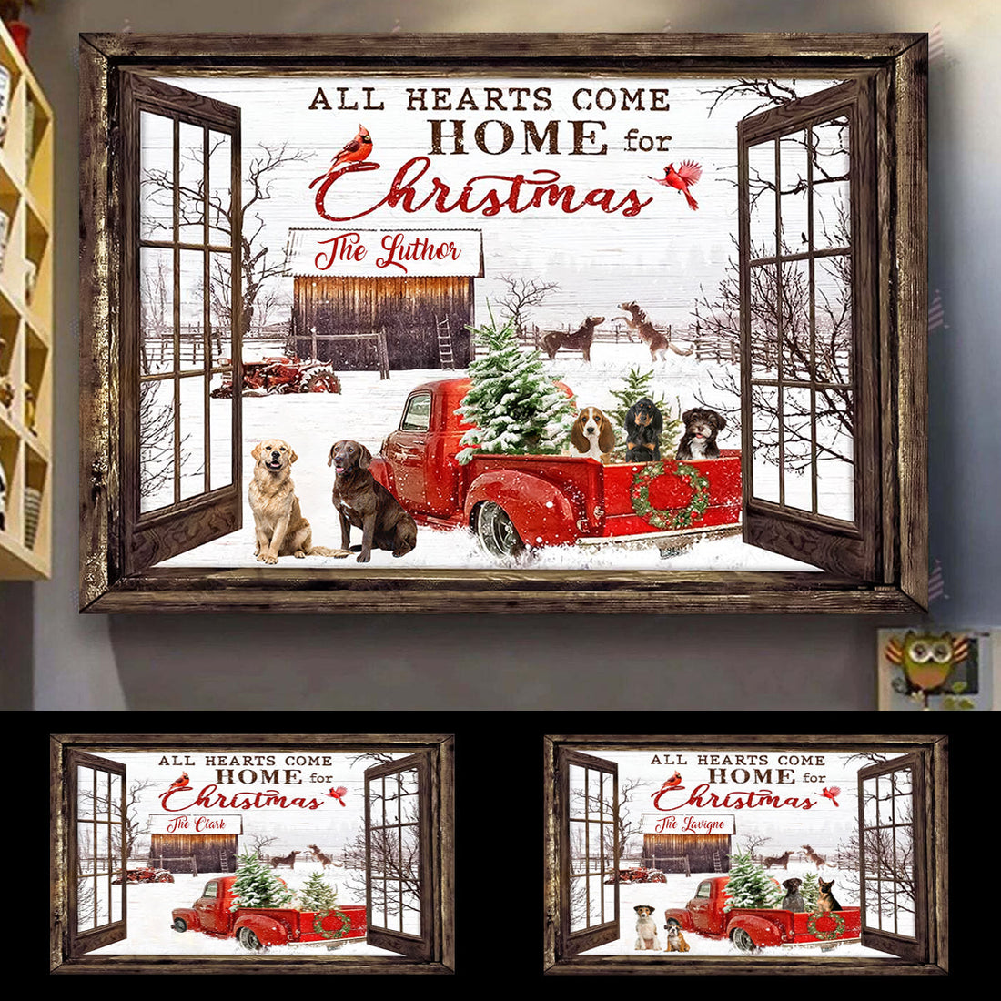 Sitting dog, Faux Window All Heart Come Home For Christmas Personalized Canvas