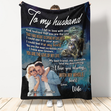 Gift For Husband Blanket, Wife To Husband With My Whole Heart Wolf Fleece Blanket