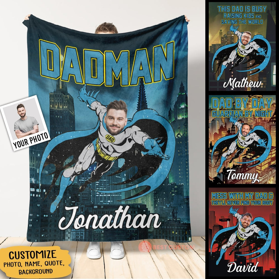 Custom Photo Throw Blanket - DADMAN Super Hero - Father's Day Gift For Dad - Personalized Gift For Dad