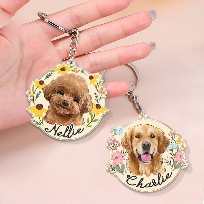 Custom Dog Photo Keychain, Cat Picture Keychains, Custom Dog Portrait, Personalized Pet Face And Pet Name Keychains for Mom, Pet Lovers Gift