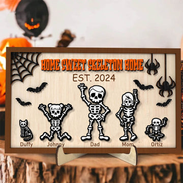 Personalized Halloween Skeleton Family Sign,Custom Name Wood Sign