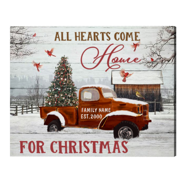 All Hearts Come Home For Christmas Custom Family Name Christmas Sign With Pickup Truck, Personalized Canvas Farmhouse Christmas Wall Art, All Hearts Come Home For Christmas Gifts