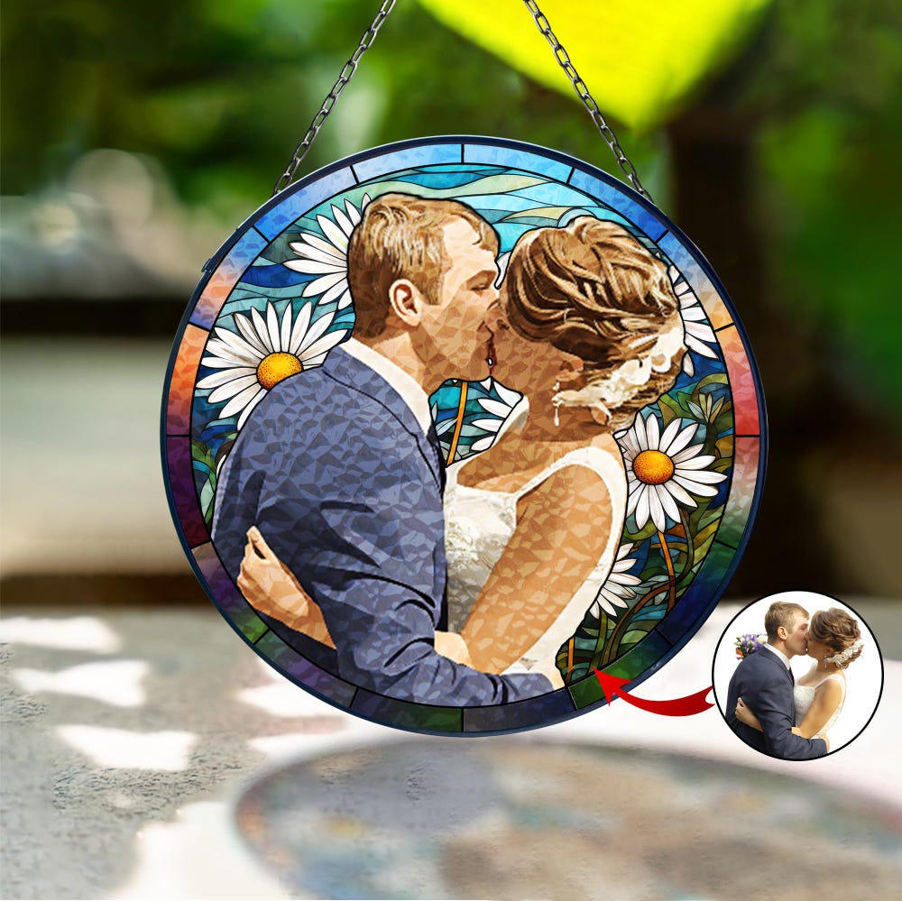 Personalized Couples Wedding Watercolor Portrait From Photo Stained Glass Suncatcher