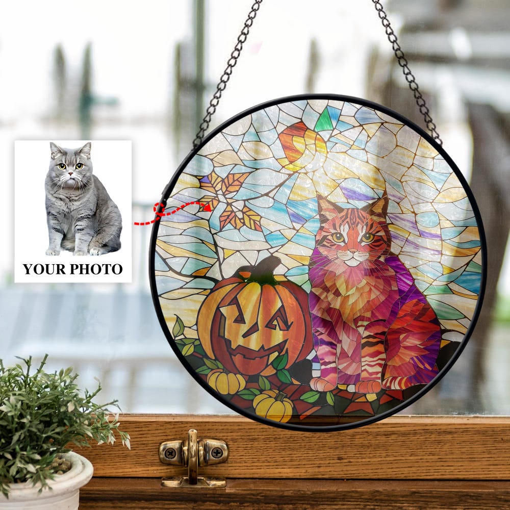 Custom Cat Photo Stained Glass Suncatcher Personalized Halloween Stained Glass Halloween Gift For Dog Lovers, Home Decoration