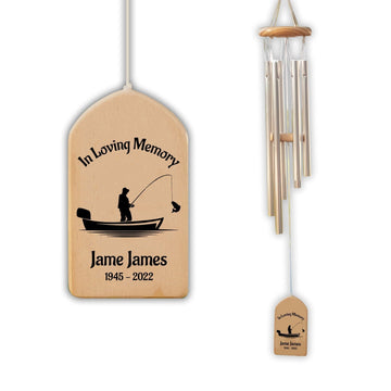 Fishing With The Angels Fisherman Memorial Personalized Wind Chime, Remembrance Loss Gift, Father Husband Sympathy In Loving Memory Sign