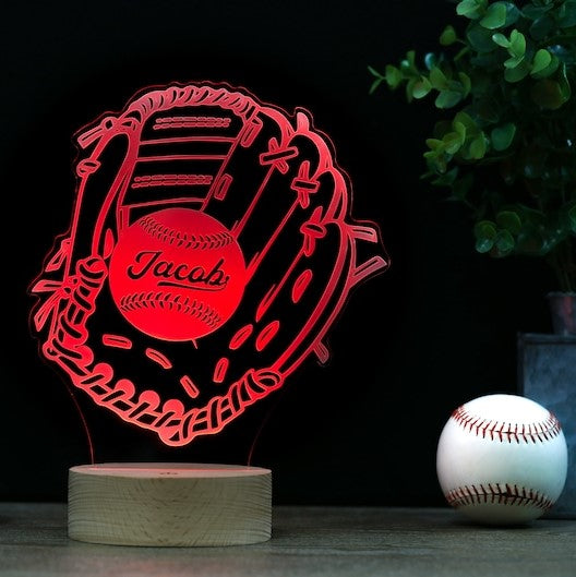 Baseball Glove LED Night Light, Kid's Glove & Ball Decor Lamp Birthday Gift, Coach Name Sign