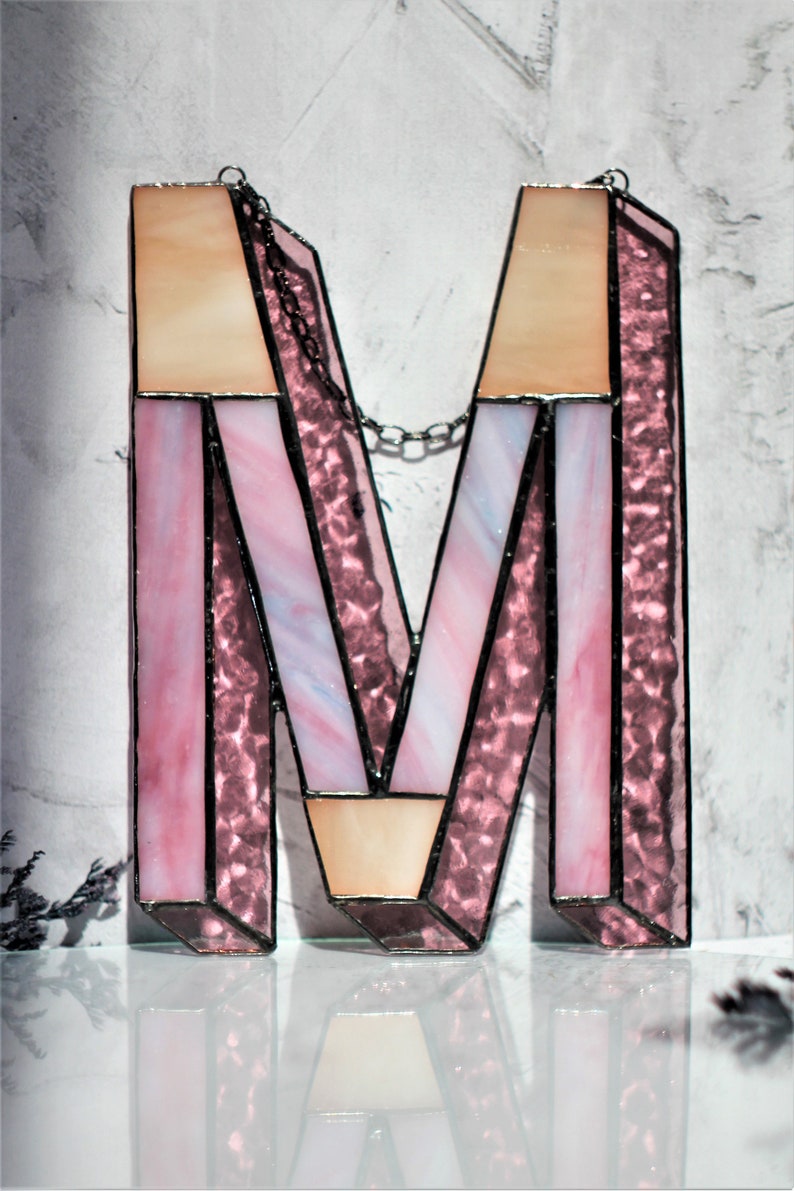 Stained glass letters for home and holiday decor In warm pink purple cream colors, Wall decor Personalize gift