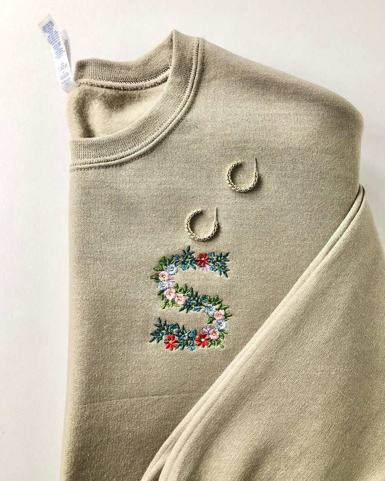 Floral Letter Custom Embroidered Crewneck, Personalized Initial Sweatshirt, Floral Embroidered Sweatshirt, Embroidered Sweatshirt