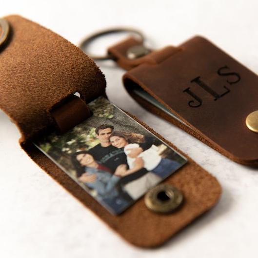 Personalized Photo Metal Tag Leather Keychain - Engraved Leather Cover with Photo Printed to Tag Inside