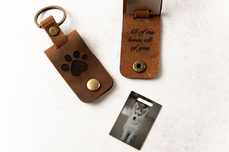 Personalized Photo Metal Tag Leather Keychain - Engraved Leather Cover with Photo Printed to Tag Inside