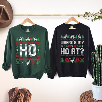 Unisex Funny Couples Ugly Christmas Sweater, Couples Matching Ugly Christmas Sweater, Where My Ho's At, Sold Seperate