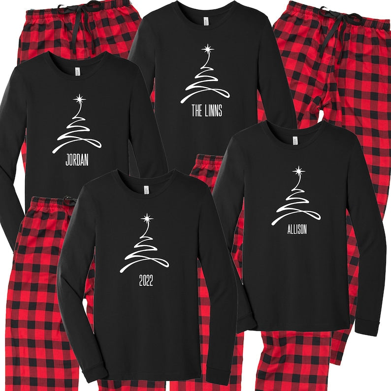 Christmas Tree Pajamas, Personalized Family Pjs, Matching Family Pajamas, Xmas sleepwear, Merry Christmas 2024, black white plaid flannel