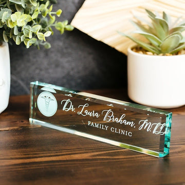 Physician MD Doctor Glass Office Desk Name Plate, Clear PA Surgeon Nameplate, Medical Practitioner Appreciation Gift, Med School Graduation