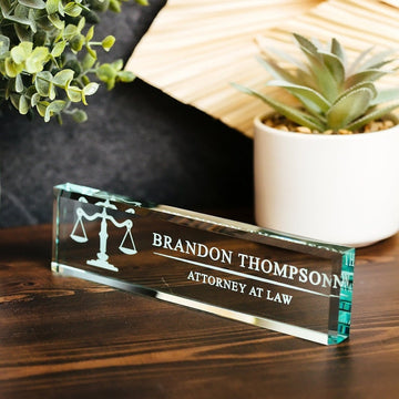 Attorney Glass Office Desk Name Plate, Clear JD Judge Nameplate, Lawyer Appreciation Gift, Juris Doctor Judge Law School Graduation