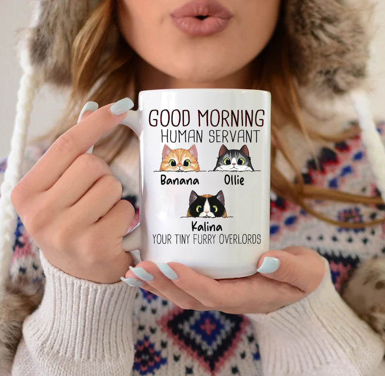 Personalized Coffee Mug For Cat Lover, Good Morning Cat Human Servant