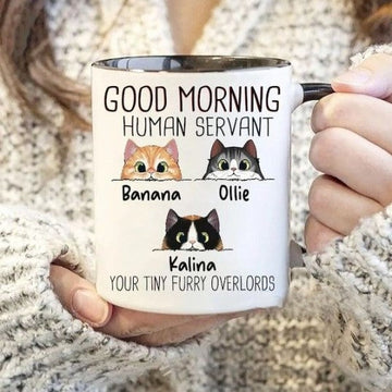 Personalized Coffee Mug For Cat Lover, Good Morning Cat Human Servant, Cat Owner Mug, Walking Fluffy Cats, Custom Mug For Pet Lover