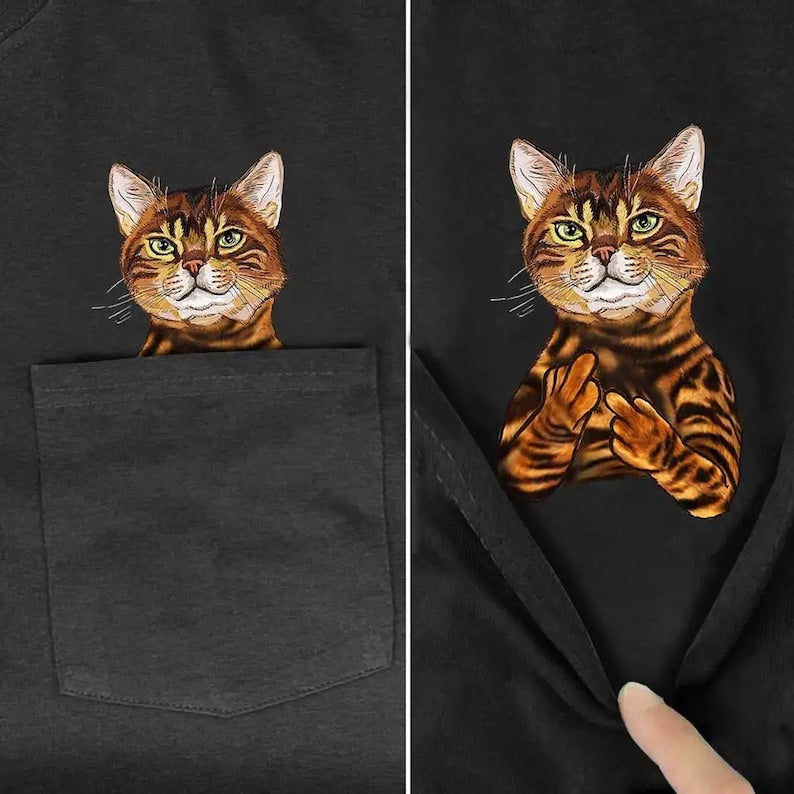 Funny Cat T-Shirt Side Pocket Hidden Middle Finger Signed Funny Cat Printed T-Shirt Perfect Gift Idea