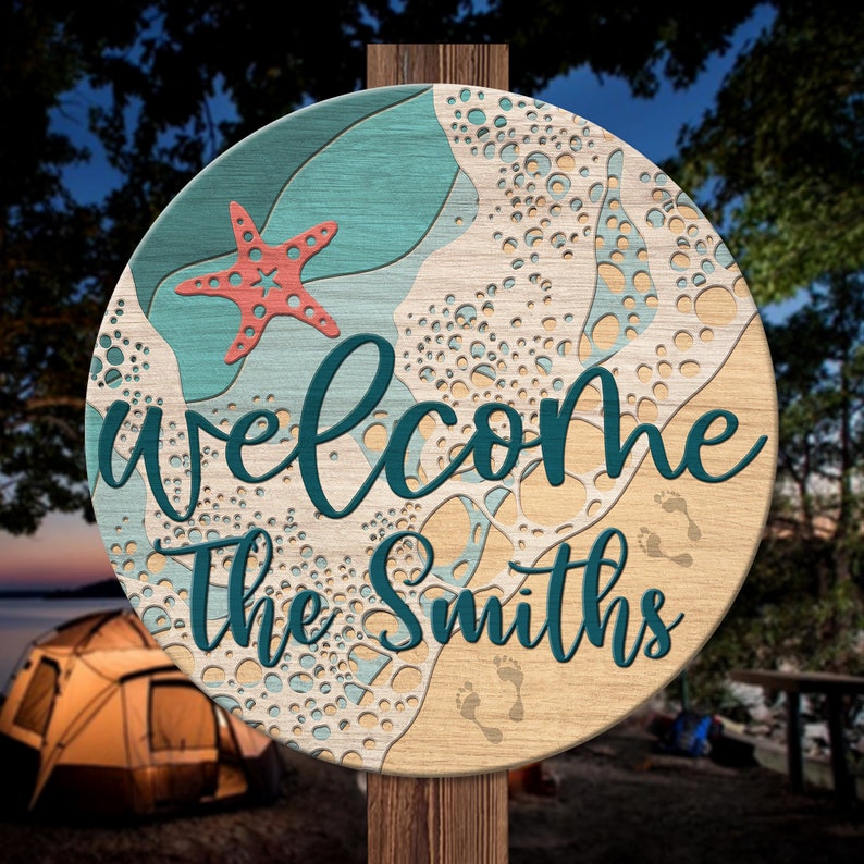 Personalized Summer Beach Round Wooden Sign, Coastal Welcome Sign, Ocean Ave Sign, Nautical Sign for Door, Deck Sign, Door Wreaths Beach