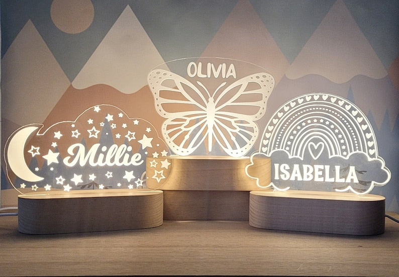 Custom Night Light, Moon & Stars Butterfly Or Rainbow For Kids Room Decor, Personalize With Your Name