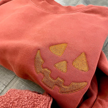 Halloween Pumpkin Face Crewneck Sweatshirt, Embroidered Jackolantern Pullover, Tonal Spooky Season Sweater, Trendy Fall Apparel, Unisex