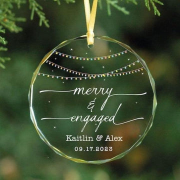 Personalized Merry and Engaged GLASS Ornament - Christmas Engagement Gift- Custom Newly Engaged Gift