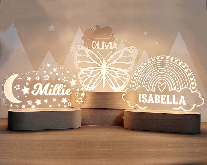 Custom Night Light, Moon & Stars Butterfly Or Rainbow For Kids Room Decor, Personalize With Your Name