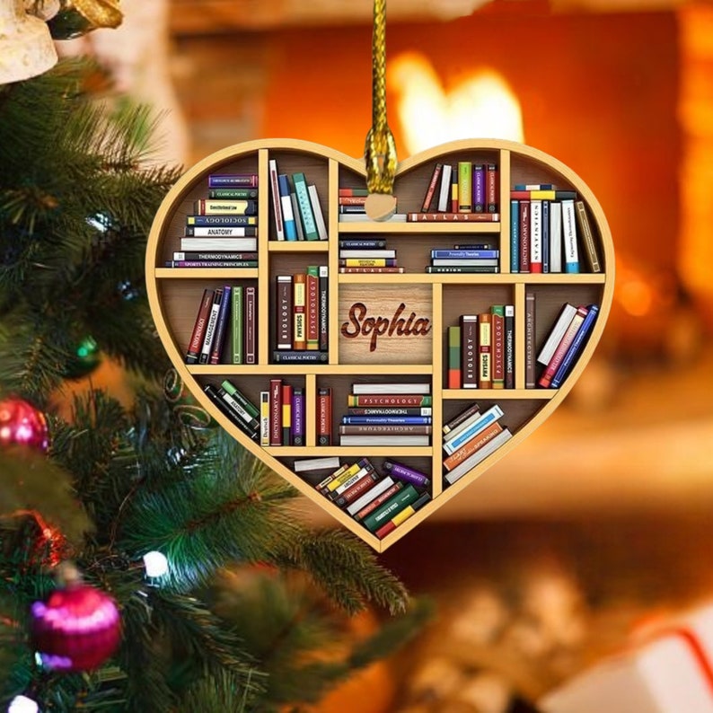 Christmas Tree Decoration -Book Lovers Gift - Librarian Ornament - Personalized Acrylic Ornament - Lover Bookworm - Bookshelf Custom Name