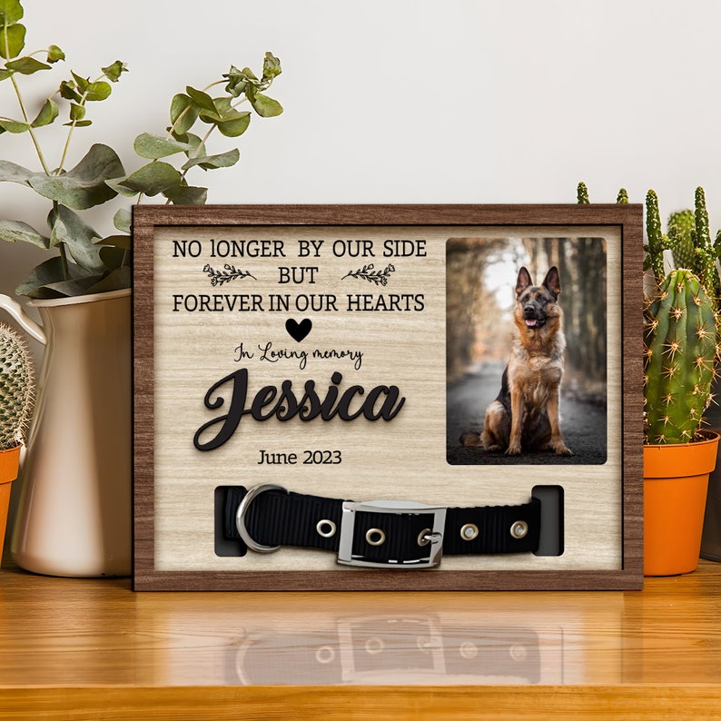 No Longer By My Side Forever In My Heart Memorial Pet Collar Sign, Dog Memorial Wood Frame With Collar Holder, Dog Memorial Gifts