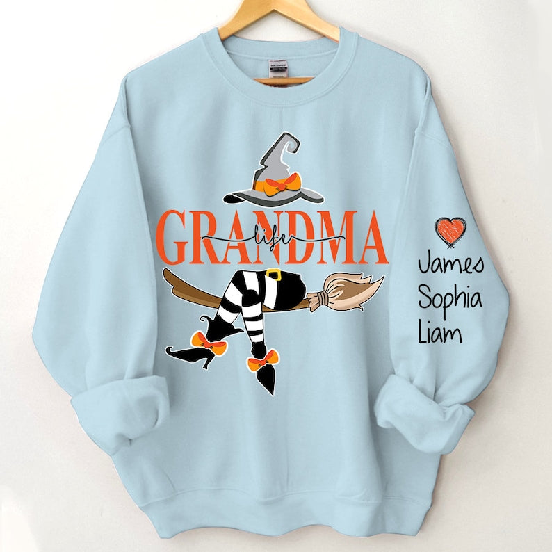 Custom Halloween Grandma Witch Sweatshirt, Grandma And Grandkids Halloween Sweatshirt, Grandma Shirt With Name On Sleeve, Mom Halloween Gift