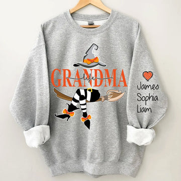 Custom Halloween Grandma Witch Sweatshirt, Grandma And Grandkids Halloween Sweatshirt, Grandma Shirt With Name On Sleeve, Mom Halloween Gift