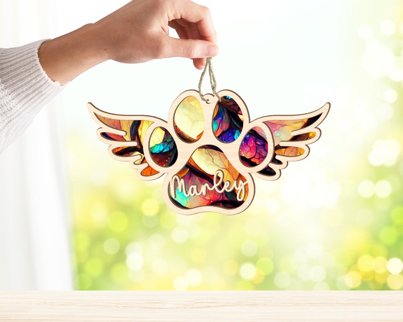 Dog Wings Memorial Suncatcher, Dog Cat Memorial Ornament, Paw Print Ornament, Cat Dog Memorial Gift, Personalized Dog Ornament, Pet Loss Keepsake