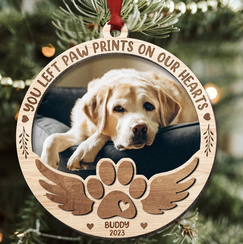 Custom Dog Photo Ornament, Dog Memorial Gift, Loss of Pet, Pet Ornament, Christmas Keepsake, Dog Memorial Ornament, You Left Paw Prints